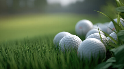Many golf balls on green grass field close up outdoor sports equipment summer nature leisure competition focus foreground