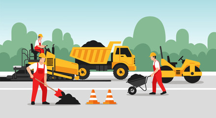 Construction workers busy paving a new road with asphalt and machinery, representing infrastructure development and urban renewal projects