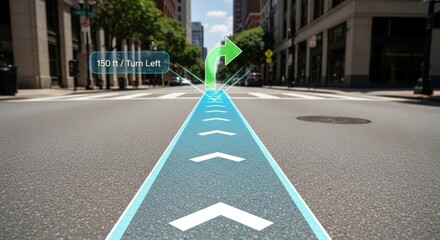 Augmented reality navigation guide showing a turn left sign with distance on a city street