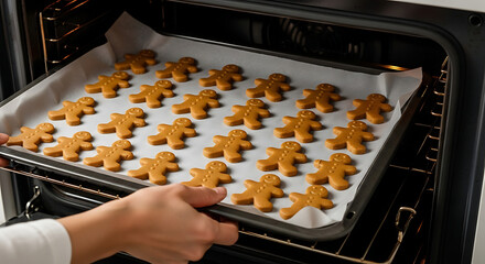Baking gingerbread man cookies in oven on baking sheet, closeup view