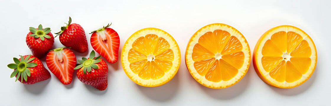 colorful medley fresh fruit halves succulent strawberries orange segments pineapple wedges arranged artfully crisp white