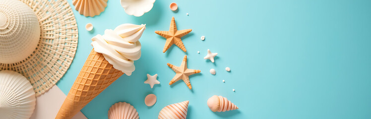 colorful flat lay captures carefree essence summer day showcasing delicate sea shells melting ice cream cone