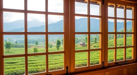 Fototapeta premium Looking through a wooden framed window at a lush green tea plantation with rolling hills and mountains in the background, evoking a sense of peace and natural beauty