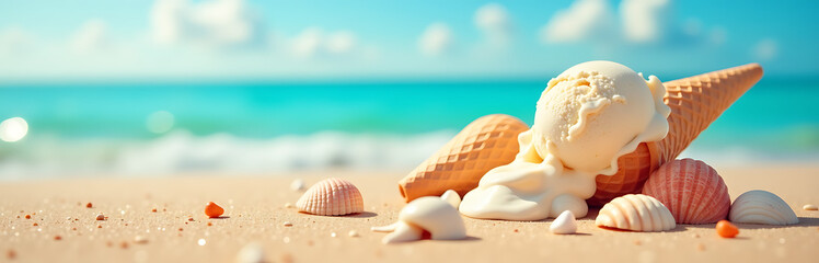 colorful flat lay captures carefree essence summer day showcasing delicate sea shells melting ice cream cone