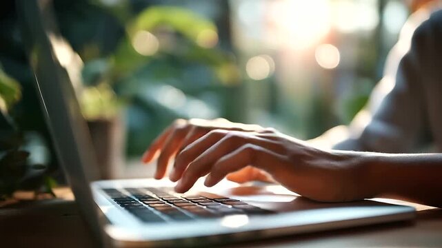 Hands typing prayer requests on laptop online forum visible face obscured virtual mental wellness support digital prayer chain internet faith community with copy space