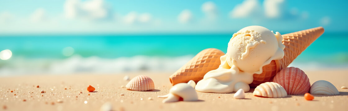 colorful flat lay captures carefree essence summer day showcasing delicate sea shells melting ice cream cone