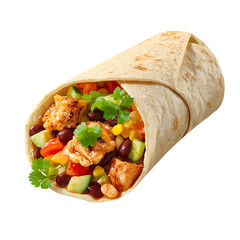 Delicious chicken burrito with beans corn and fresh vegetables food photography on transparent background