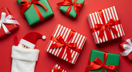 Christmas gifts and stocking with santa hat on red background