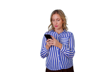 Woman using phone in hands, checking information, connectivity, online activity, digital interaction, on transparent background