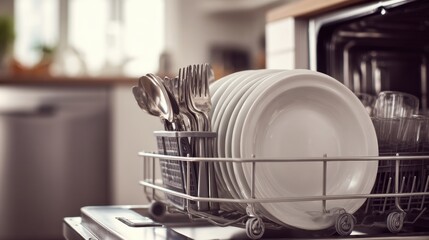Clean Plates and Silverware Neatly Arranged in a Dishwasher Beside a Modern Kitchen Counter With Natural Light