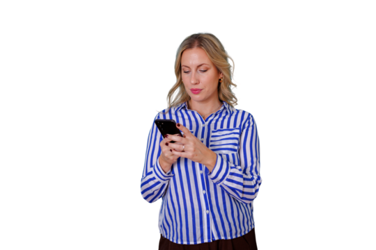 Woman using phone in hands, checking information, connectivity, online activity, digital interaction, on transparent background - Powered by Adobe