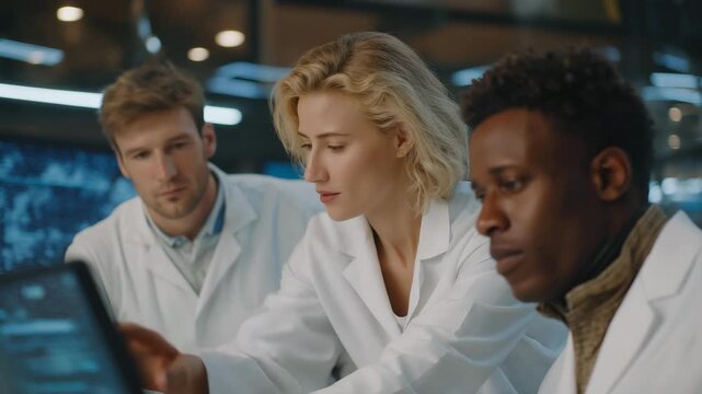 Team of scientists collaborating in an AR-enabled lab while analyzing chemical properties on digital displays, symbolizing cutting-edge research, immersive technology in labs, and high-tech