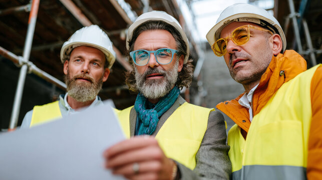 Three men in hard hats and safety vests looking at plans on a construction site