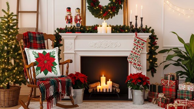 Cozy Christmas interior with decorated fireplace, wreath, garland, nutcrackers, candles, rocking chair, poinsettias, and warm festive lighting.