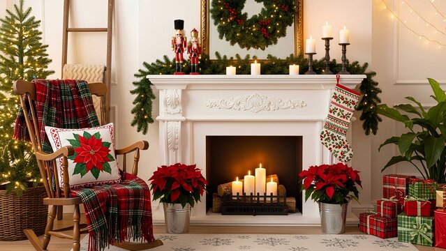 Cozy Christmas interior with decorated fireplace, wreath, garland, nutcrackers, candles, rocking chair, poinsettias, and warm festive lighting.