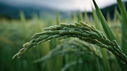 Obraz premium Close up rice plant with dew drops in green field, natural growth, agriculture, and fresh morning atmosphere