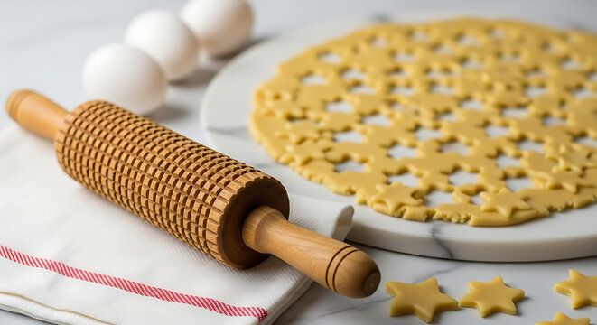 Wooden rolling pin and starshaped cookie dough on a marble pastry board with eggs and a tea towel - Powered by Adobe