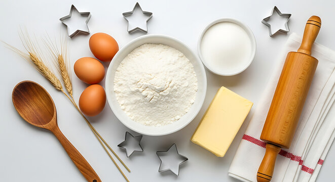 Baking ingredients and tools for star cookies including flour, eggs, butter, sugar, and a rolling pin