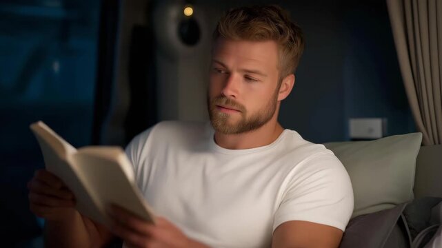 Truck driver resting in the sleeper cab of his vehicle, reading a book under soft cabin lighting &mdash; a peaceful, introspective scene that highlights the balance between long work hours and moments of