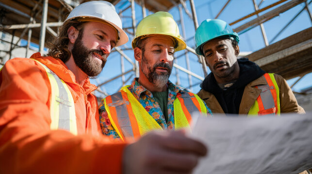 Three construction workers looking at a piece of paper together on site