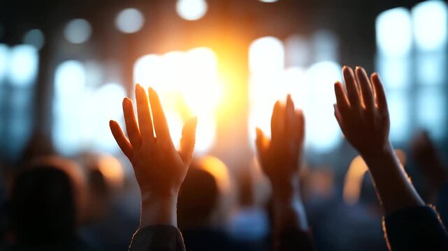 Congregation silhouettes with raised hands backlit by church windows faces completely obscured united worship mental health prayer support spiritual healing service dramatic