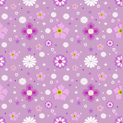 seamless Purple  Floral Pattern with Cute Daisy cosmos style blossoms, heart icons and Star Elements

