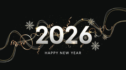 Happy new year 2026 with sparkling golden confetti, snowflakes, and swirling ribbons on a dark, celebrating the upcoming year with festive and elegant design elements