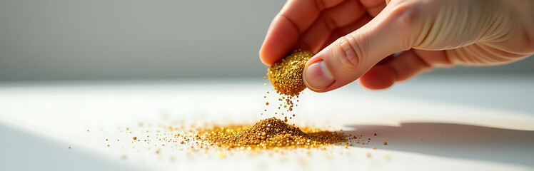 shot gentle hand delicate fingers pouring cascade vibrant gold glitter dust onto smooth white surface soft