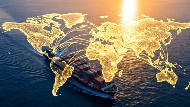 Dynamic container ship sailing across illuminated world map in vibrant ocean waters