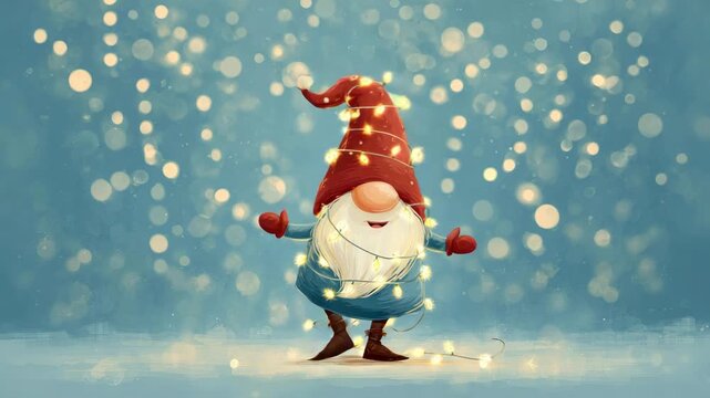 cute funny dancing christmas dwarf in winter illustrated animation