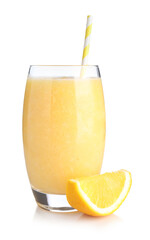 Tasty smoothie in glass and orange slice isolated on white