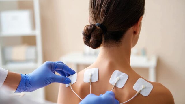 Transcutaneous cervical vagus nerve stimulation tcVNS therapy session with surface electrodes applied to the upper back and neck area for neuromodulation and autonomic regulation