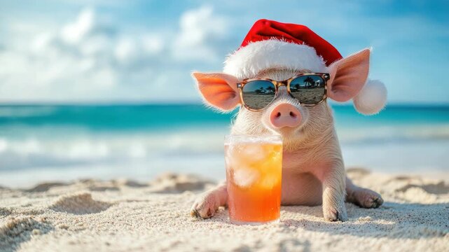 Adorable piglet donning a festive Santa hat and cool sunglasses lounging on a sunny beach, sipping a summer cocktail and enjoying a tropical Christmas holiday escape