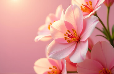 Naklejka premium lush sring surrounded delicate petals vibrant blooms soft pastel pink background warm golden natural