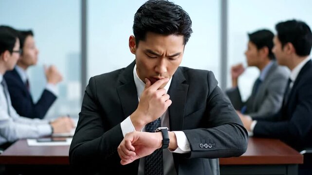 Focused Asian Businessman Checking Time During a Meeting, Time Management in Corporate World Scene