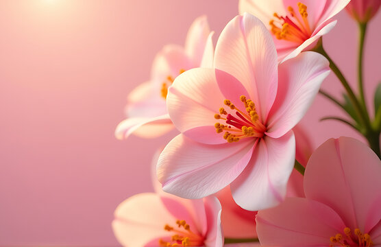 lush sring surrounded delicate petals vibrant blooms soft pastel pink background warm golden natural