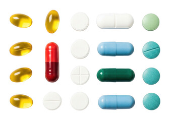 Assorted pills and capsules isolated on transparent background for medical and healthcare concepts