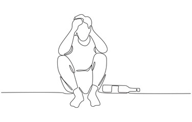 Continuous one line drawing of hungover man sitting on floor next to bottle of liquor, symbolizing mental fatigue and alcohol addiction, single line art.