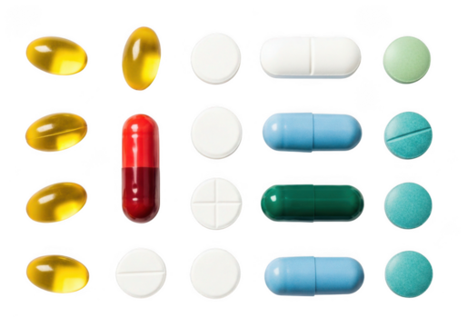 Assorted pills and capsules isolated on transparent background for medical and healthcare concepts