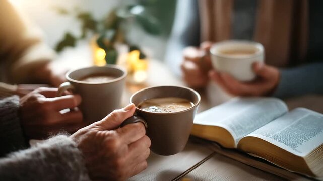 Hands holding coffee mugs around table with open Bibles study materials scattered faces not visible small group fellowship mental support through scripture prayer study