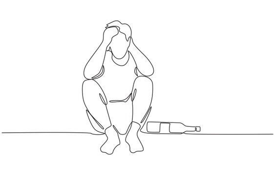 Continuous one line drawing of hungover man sitting on floor next to bottle of liquor, symbolizing mental fatigue and alcohol addiction, single line art.