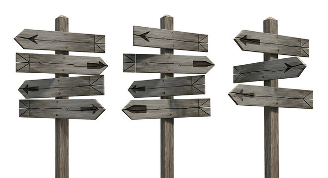 Three wooden signposts with multiple directional arrows, isolated on a white background