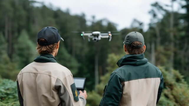 Wildlife ranger guiding drone pilot to track endangered animals in dense forest, monitoring live aerial feed &mdash; concept of eco-technology collaboration, conservation innovation, and teamwork for