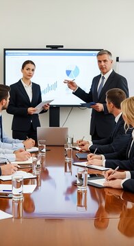 A male and female business executive presenting charts and data on a large screen to a diverse team taking notes during a corporate boardroom meeting.