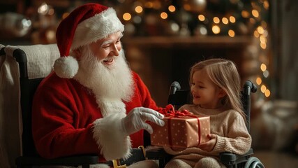 Inclusive Christmas celebration showing a happy Santa Claus and a little girl, both in wheelchairs, sharing a magical moment as he gives her a gift in a cozy, decorated room - Powered by Adobe