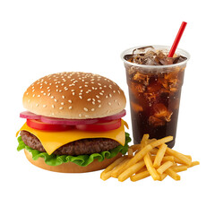 Delicious cheeseburger with fries and soda for lunch or dinner fast food combo meal on transparent background