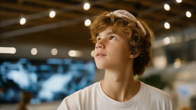Young customer in a futuristic electronics shop comparing mining GPU specifications on a holographic display, emotion of curiosity and decision-making visible, representing cryptocurrency hardware