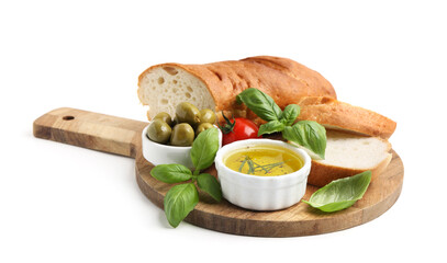 Tasty baguette, oil, tomato, olives and basil isolated on white
