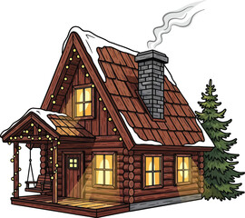 A cozy wooden cabin decorated with lights isolated on white background