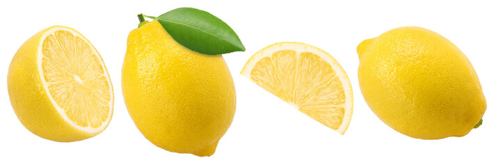 lemon fruit with leaves, slice and half isolated, transparent PNG, PNG format, collection